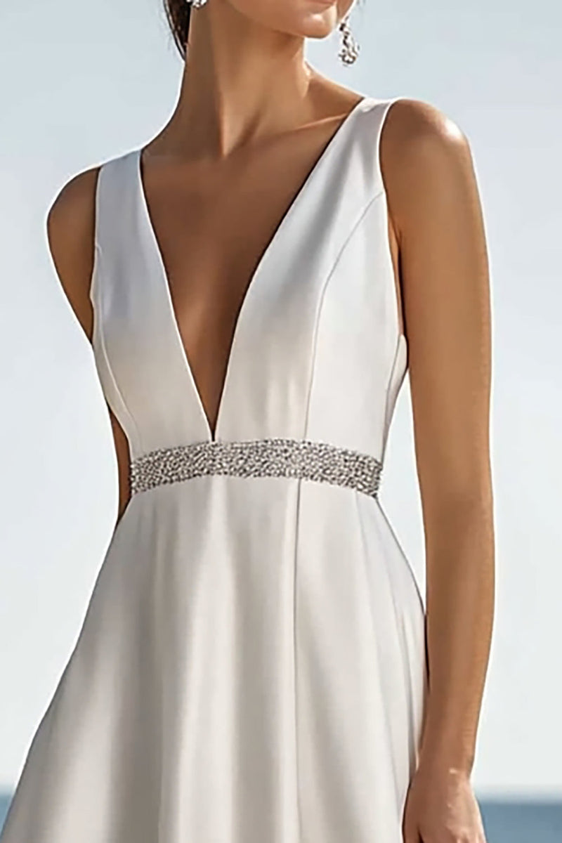 Load image into Gallery viewer, Ivory V-Neck Satin RMaxi ehearsal Dinner Dress with Beading
