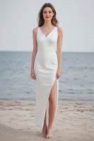 Load image into Gallery viewer, Ivory Satin Sheath Maxi Wedding Reception Dress with Slit