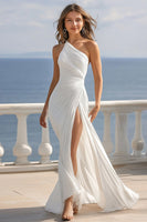 Load image into Gallery viewer, Ivory One Shoulder Beach Maxi Ruched Engagement Dress with Slit