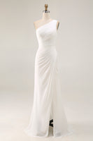 Load image into Gallery viewer, Ivory Chiffon One Shoulder Maxi Engagement Dress with Slit