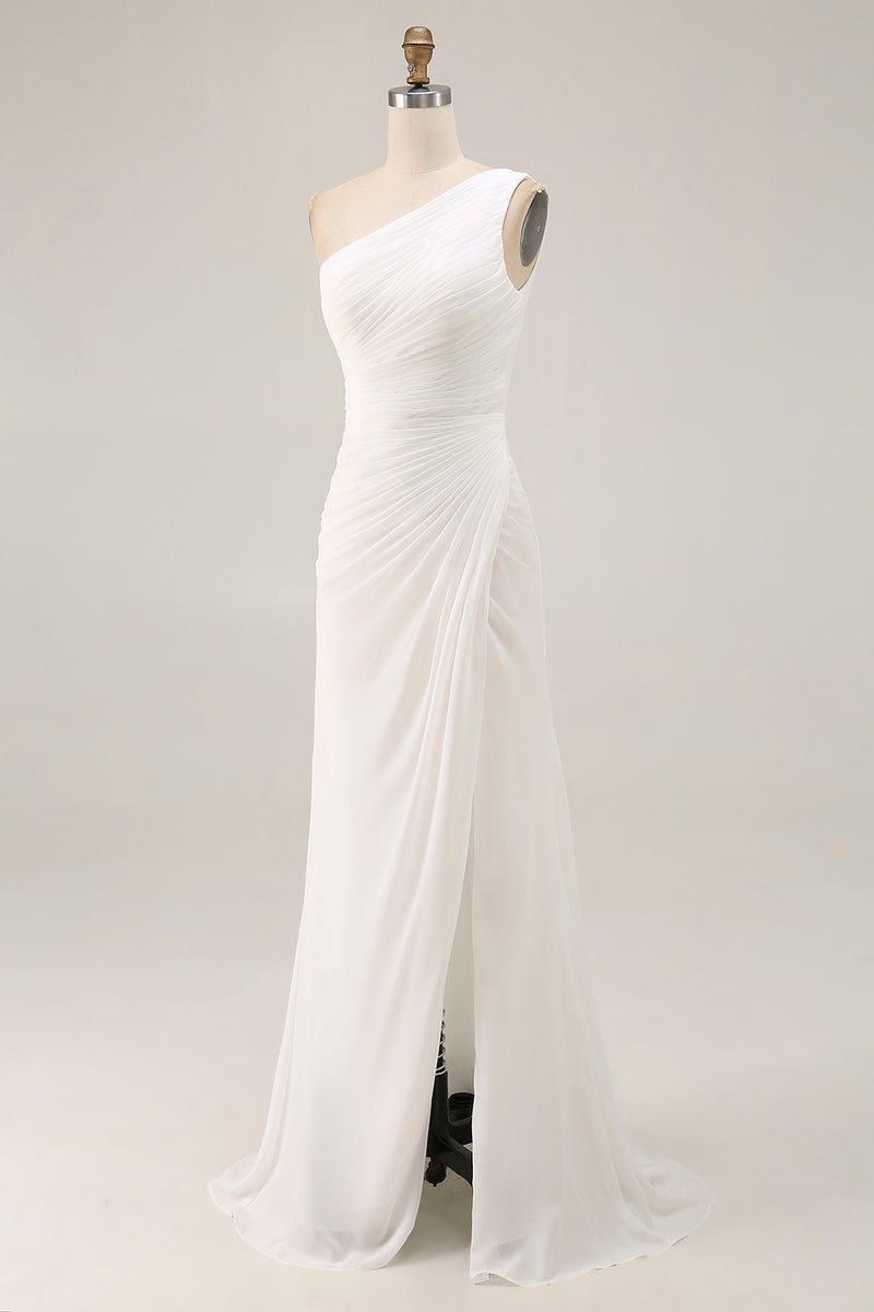 Load image into Gallery viewer, Ivory Chiffon One Shoulder Ruched Long Engagement Dress with Slit