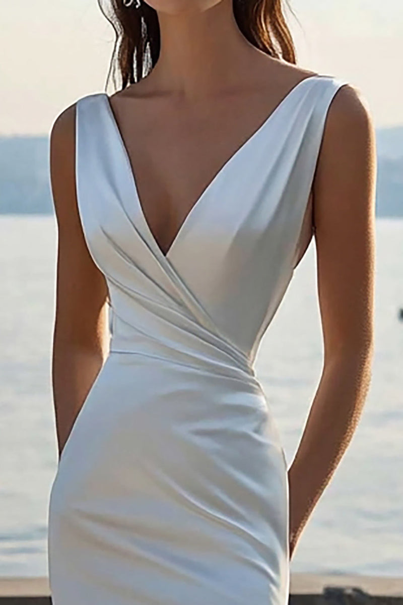 Load image into Gallery viewer, Ivory Sheath Satin Maxi Ruched Rehearsal Dinner Dress with Slit