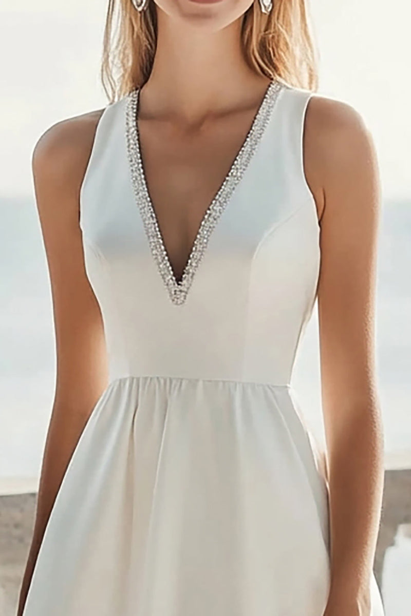 Load image into Gallery viewer, Ivory A Line V-Neck Midi Satin Engagement Dress with Beading