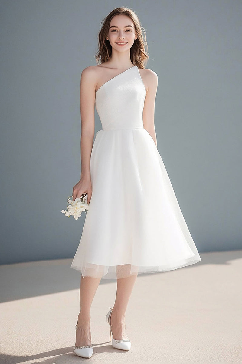 Load image into Gallery viewer, Ivory A Line One Shoulder Tulle Midi Wedding Reception Dress