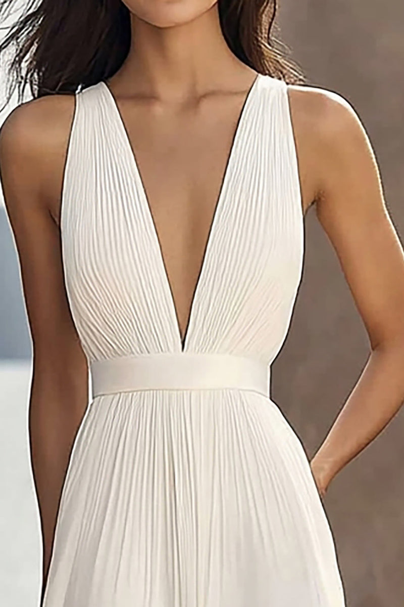 Load image into Gallery viewer, Ivory Chiffon Deep V-Neck Beach Maxi Engagement Dress