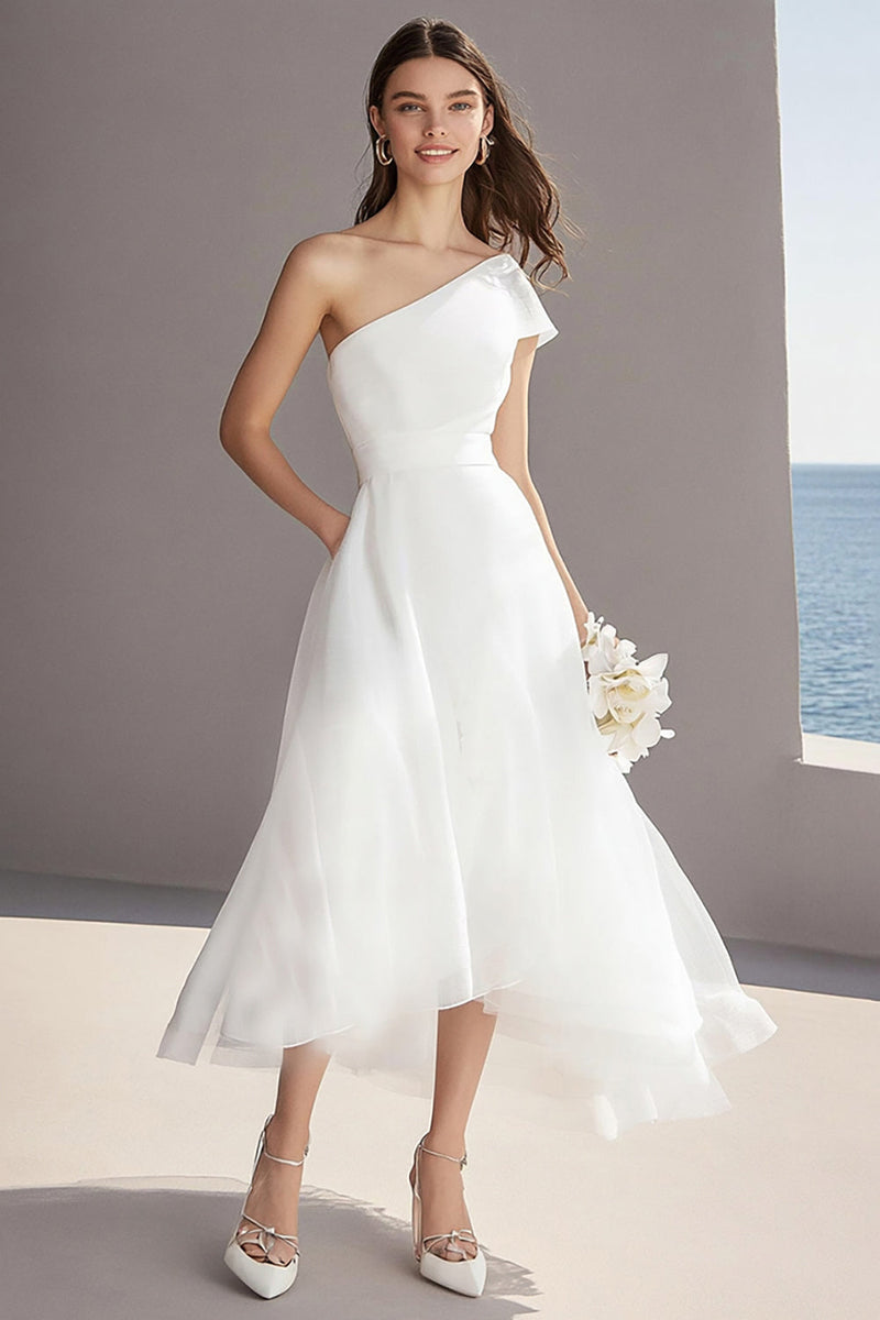 Load image into Gallery viewer, Ivory Organza One Shoulder Midi Wedding Reception Dress