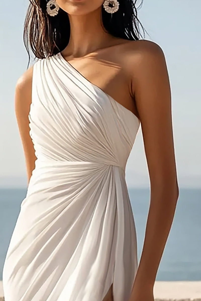 Load image into Gallery viewer, Ivory Chiffon One Shoulder Ruched Maxi Rehearsal Dinner Dress with Slit