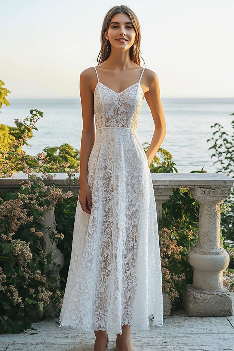 Queendancer Women Ivory Lace Maxi Beach Engagement Dress Spaghetti Straps A Line Wedding Reception Dress – queendancer