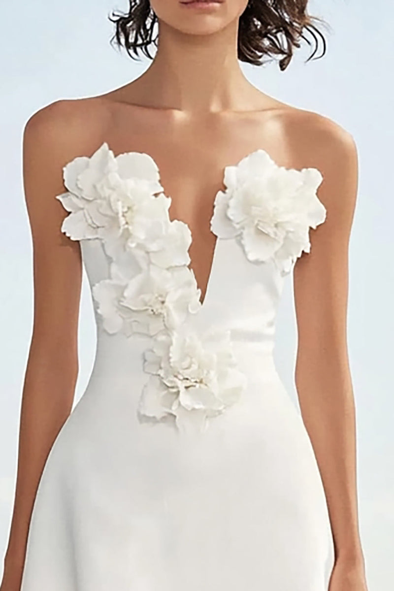 Load image into Gallery viewer, Floral Satin Strapless Ivory Long Rehearsal Dinner Dress
