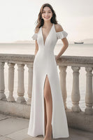 Load image into Gallery viewer, Ivory Satin Sheath Maxi Ruffled Rehearsal Dinner Dress with Slit