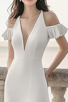 Ivory Satin Sheath Maxi Ruffled Rehearsal Dinner Dress with Slit