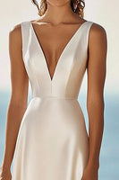 Load image into Gallery viewer, Simple Ivory A Line Satin V-Neck Maxi Rehearsal Dinner Dress