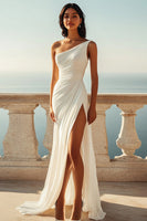 Load image into Gallery viewer, Ivory One Shoulder Chiffon Maxi Rehearsal Dinner Dress with Slit
