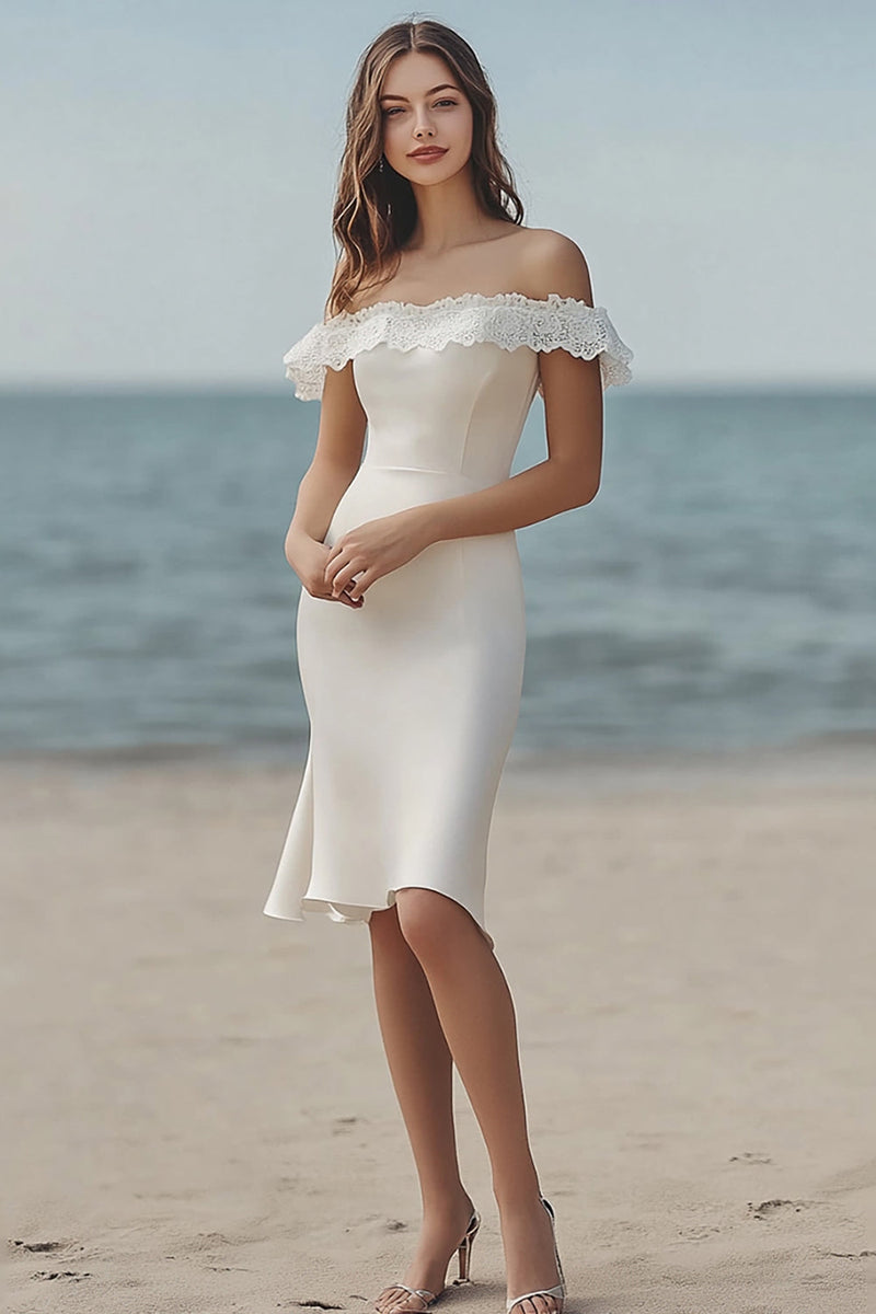 Load image into Gallery viewer, Ivory Bodycon Midi Satin Bridal Shower Dress with Lace