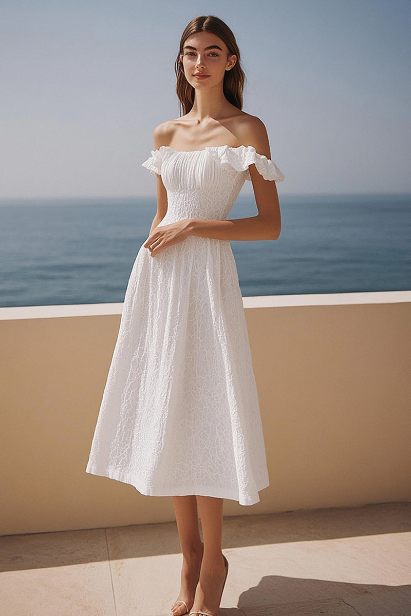 Load image into Gallery viewer, Lace Ivory Off the Shoulder Midi Wedding Reception Dress with Ruffles