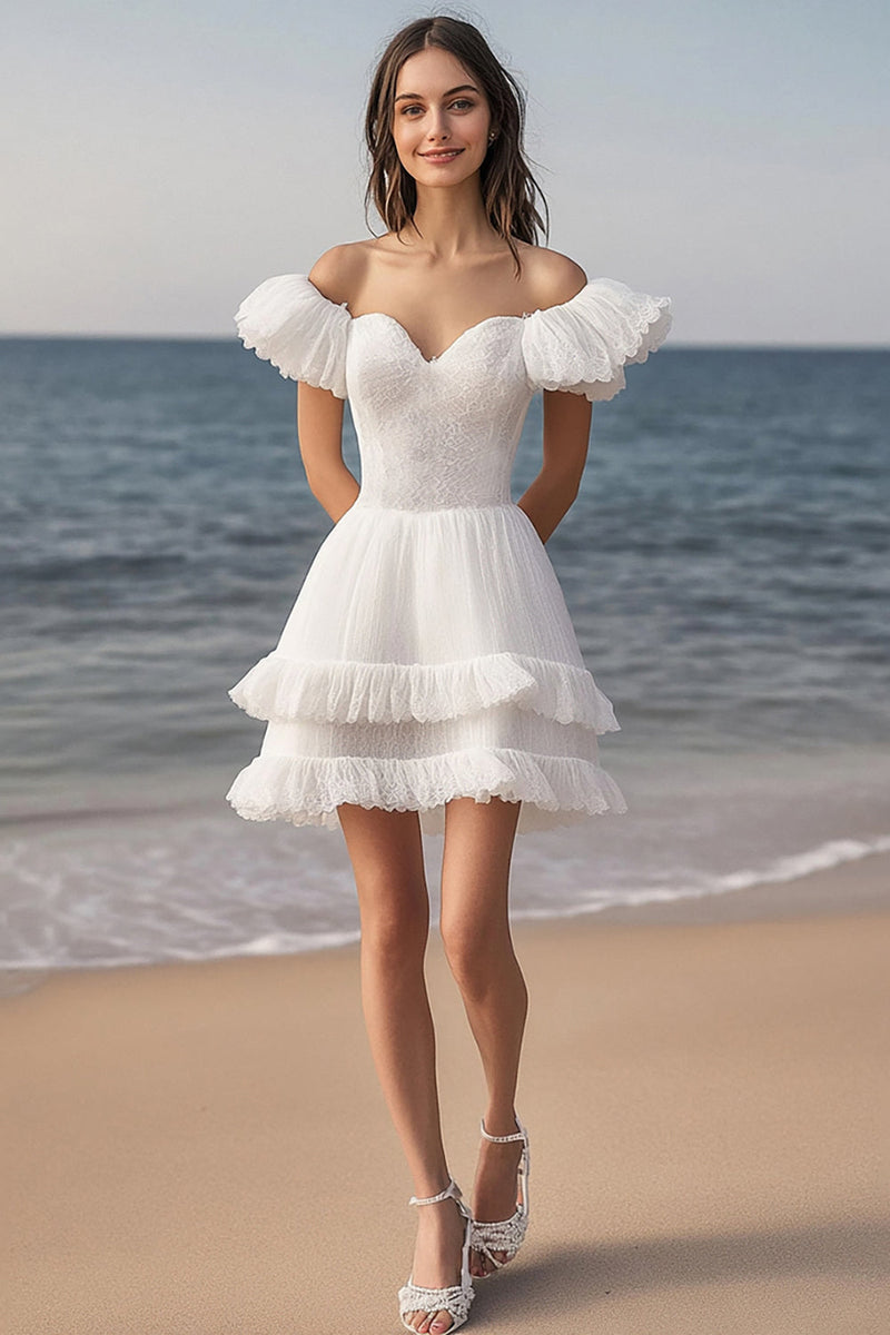Load image into Gallery viewer, Ivory Lace Tiered Short Bachelorette Dress with Ruffles