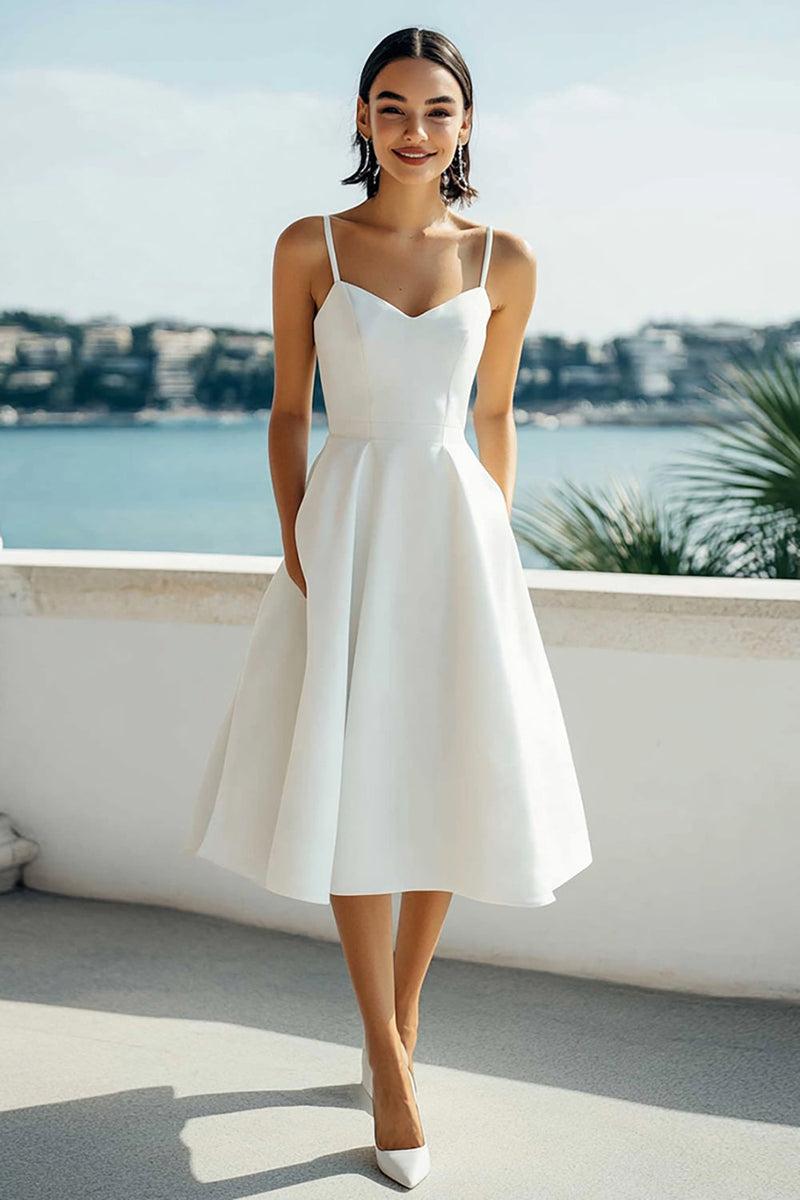Load image into Gallery viewer, SimpleIvory  Satin Spaghetti Straps A Line Midi Bridal Shower Dress