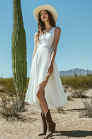 Load image into Gallery viewer, Ivory Boho A Line Midi Western Wedding Dress with Slit