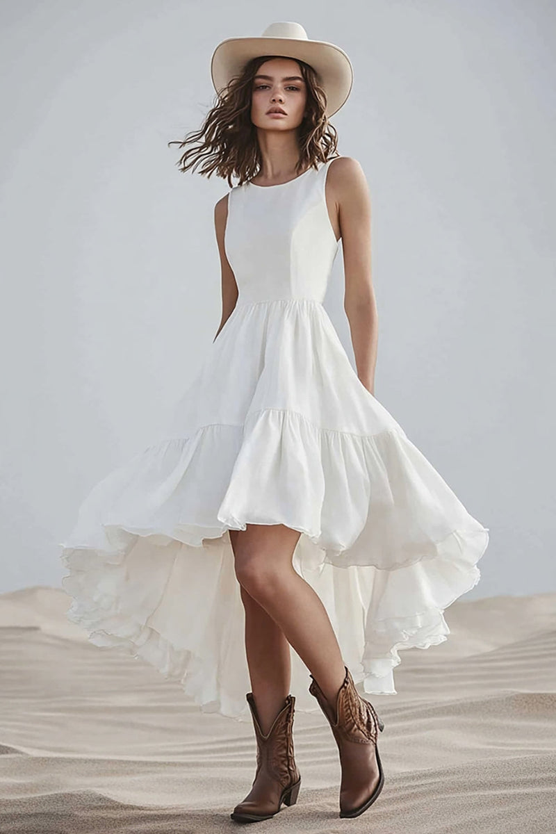 Load image into Gallery viewer, Ivory A Line High-Low Boho Western Wedding Dress with Ruffles