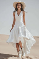 Load image into Gallery viewer, Ivory V-Neck A Line High-Low Boho Western Wedding Dress
