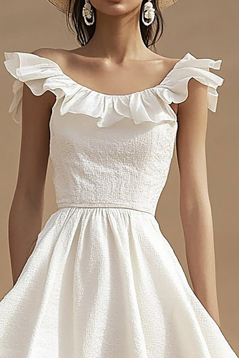 Load image into Gallery viewer, Ivory A Line Ruffled High-Low Boho Western Wedding Dress