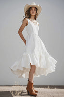 Load image into Gallery viewer, Ivory Satin Scoop Neck Midi Boho Western Wedding Dress