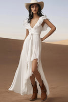 Load image into Gallery viewer, Ivory A Line Asymmetrical Boho Western Wedding Dress with Ruffles
