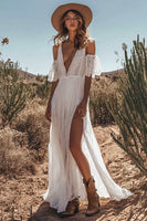 Load image into Gallery viewer, Lace Ivory V-Neck Boho Maxi Western Wedding Dress with Slit