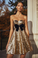 Load image into Gallery viewer, Sparkly Gold Short Sweetheart Sequin Cocktail Dress with Bow