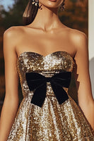 Load image into Gallery viewer, Sparkly Gold Short Sweetheart Sequin Cocktail Dress with Bow