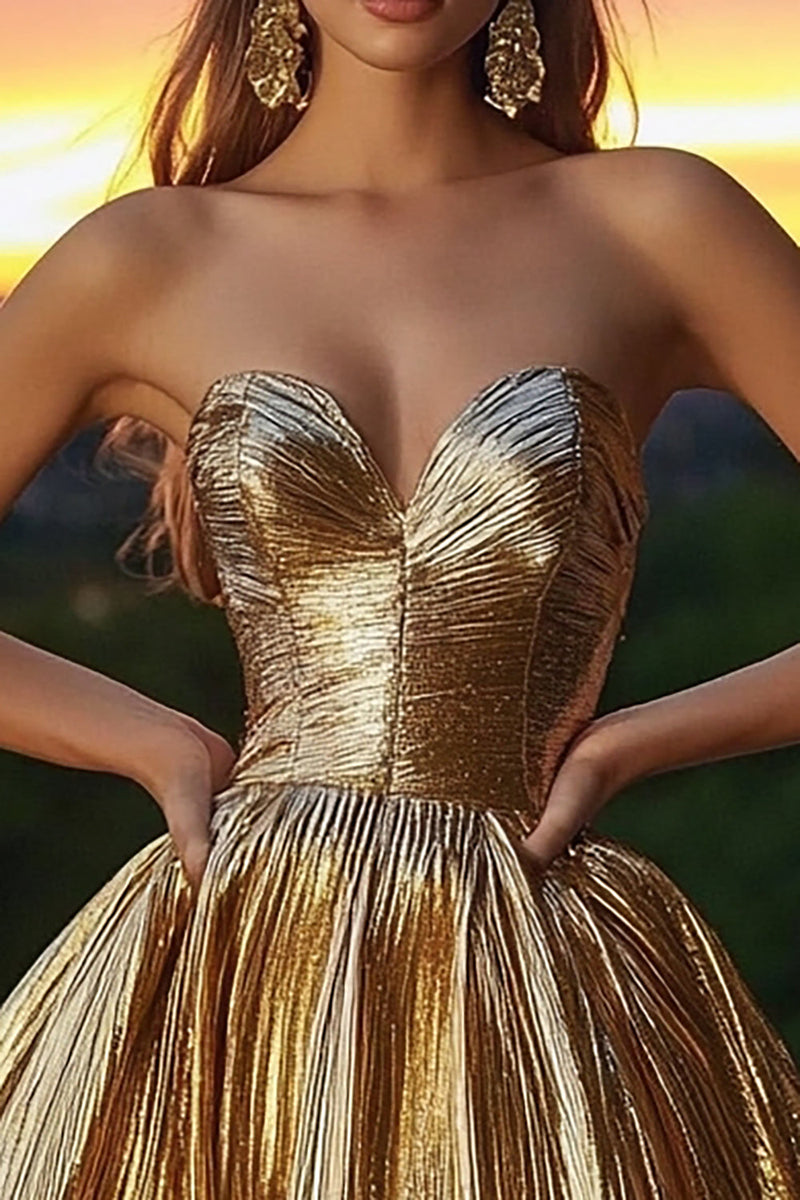 Load image into Gallery viewer, Sparkly Gold Sweetheart Short Metallic Cocktail Dress with Pleats