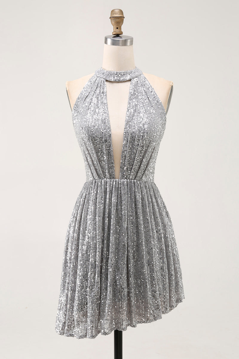 Load image into Gallery viewer, Sparkly Short Silver Sequin Halter Cocktail Dress with Keyhole