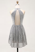 Load image into Gallery viewer, Sparkly Short Silver Sequin Halter Cocktail Dress with Keyhole