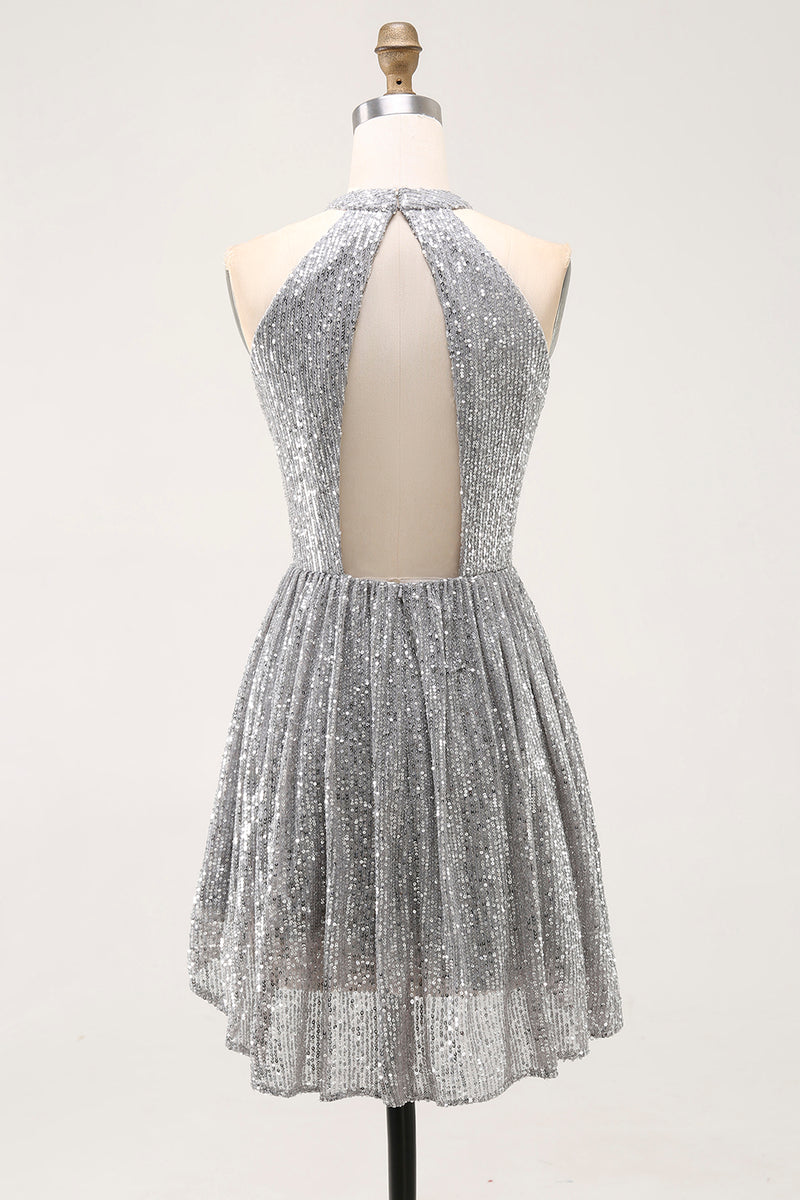 Load image into Gallery viewer, Sparkly Short Silver Sequin Halter Cocktail Dress with Keyhole