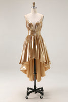 Load image into Gallery viewer, Sparkly A Line Gold Metallic High-Low Cocktail Dress with Ruched