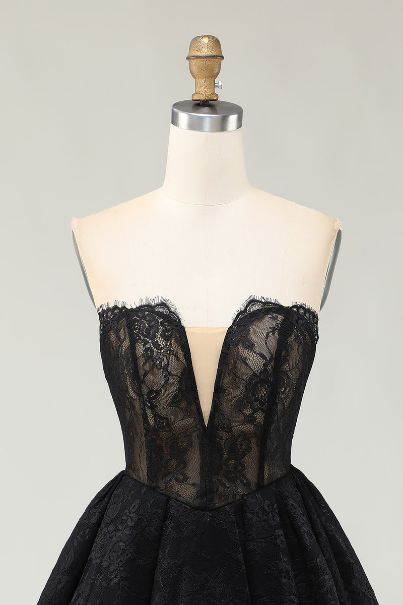 Load image into Gallery viewer, Black Lace Sweetheart High-Low Cocktail Dress with Ruffles