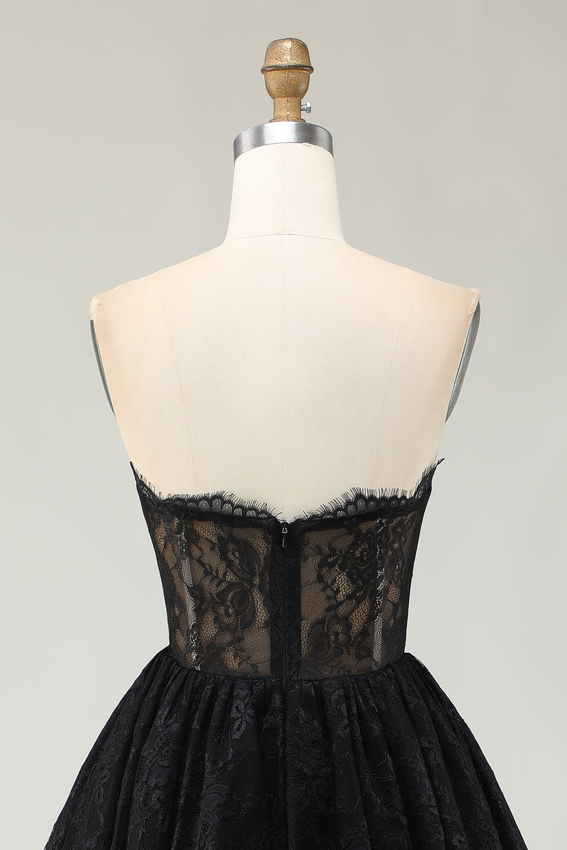 Load image into Gallery viewer, Black Lace Sweetheart High-Low Cocktail Dress with Ruffles