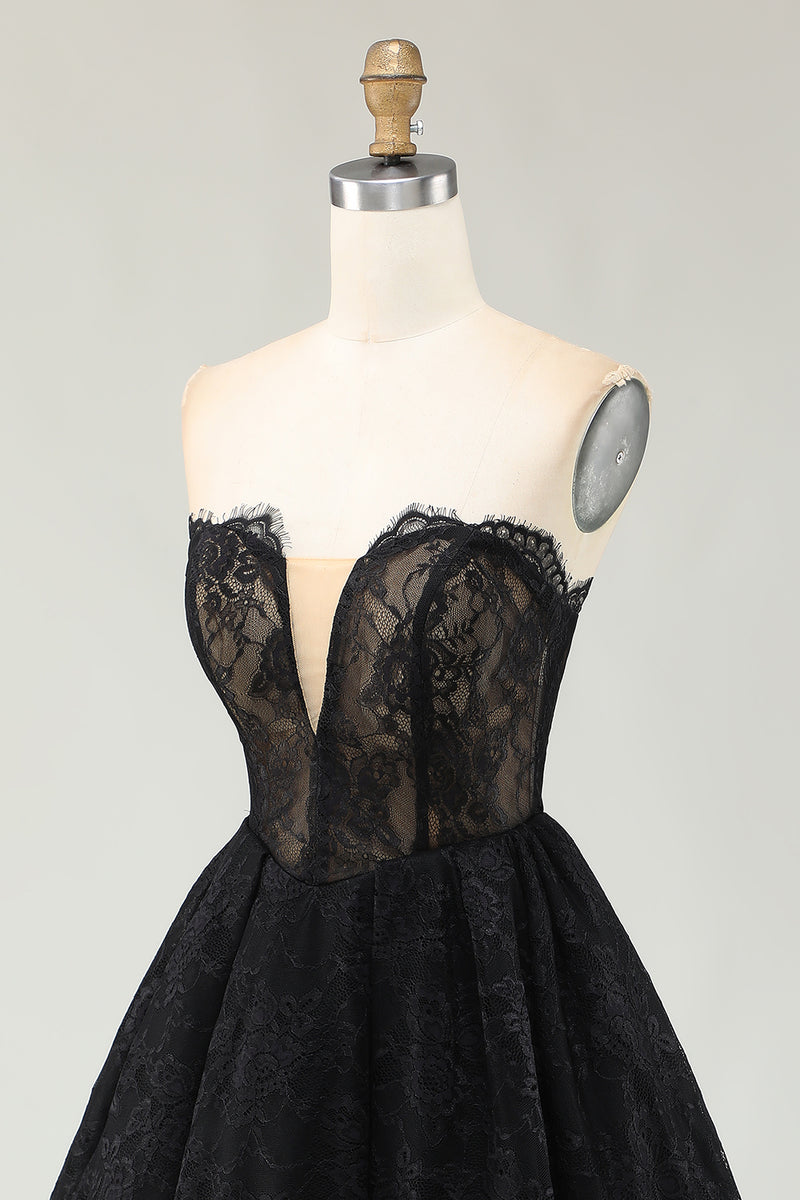 Load image into Gallery viewer, Black Lace Sweetheart High-Low Cocktail Dress with Ruffles