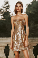 Load image into Gallery viewer, Sparkly Gold A Line Short Strapless Sequin Cocktail Dress