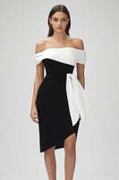 Load image into Gallery viewer, Black and White Off the Shoulder Short Patchwork Cocktail Dress with Ruffles