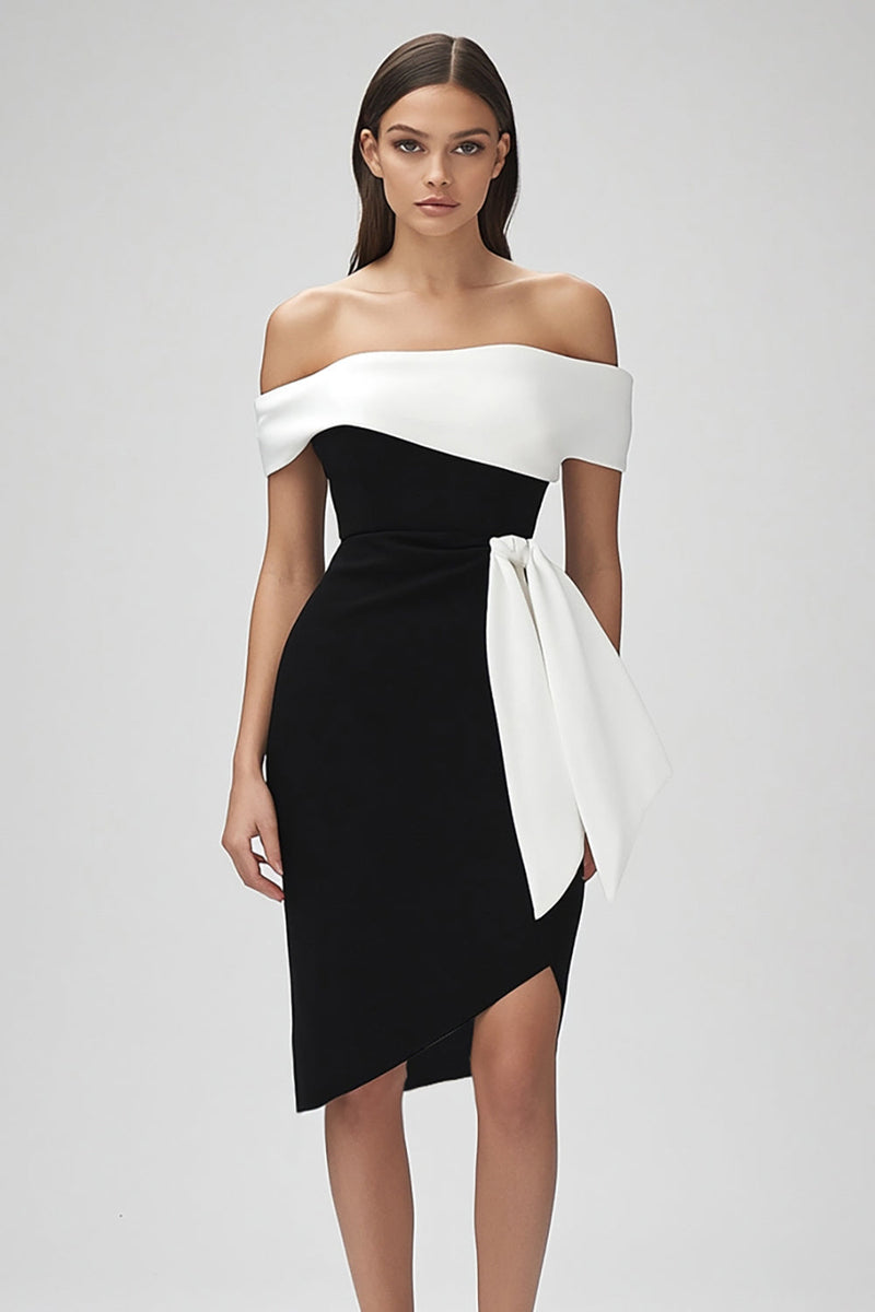 Load image into Gallery viewer, Black and White Off the Shoulder Short Patchwork Cocktail Dress with Ruffles