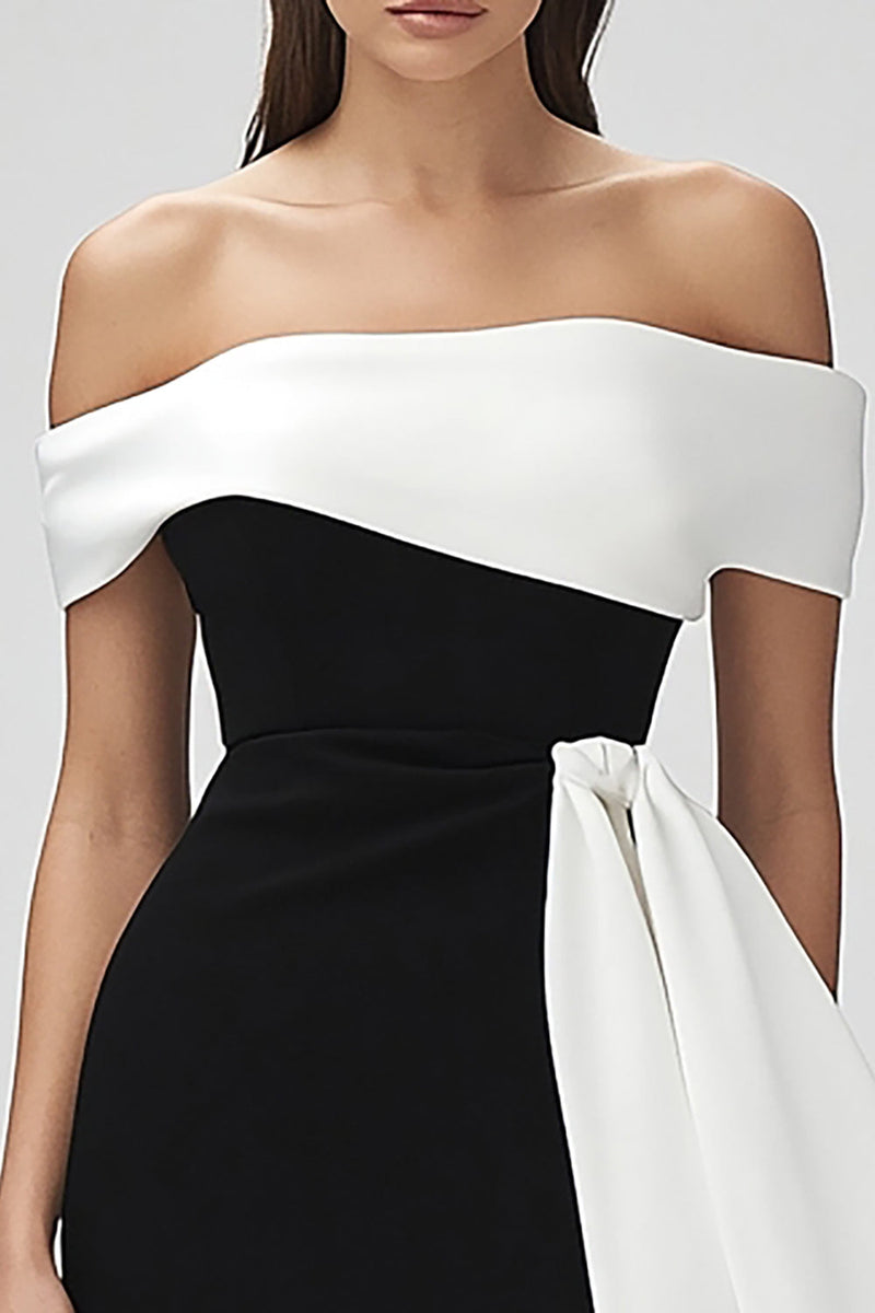 Load image into Gallery viewer, Black and White Off the Shoulder Short Patchwork Cocktail Dress with Ruffles