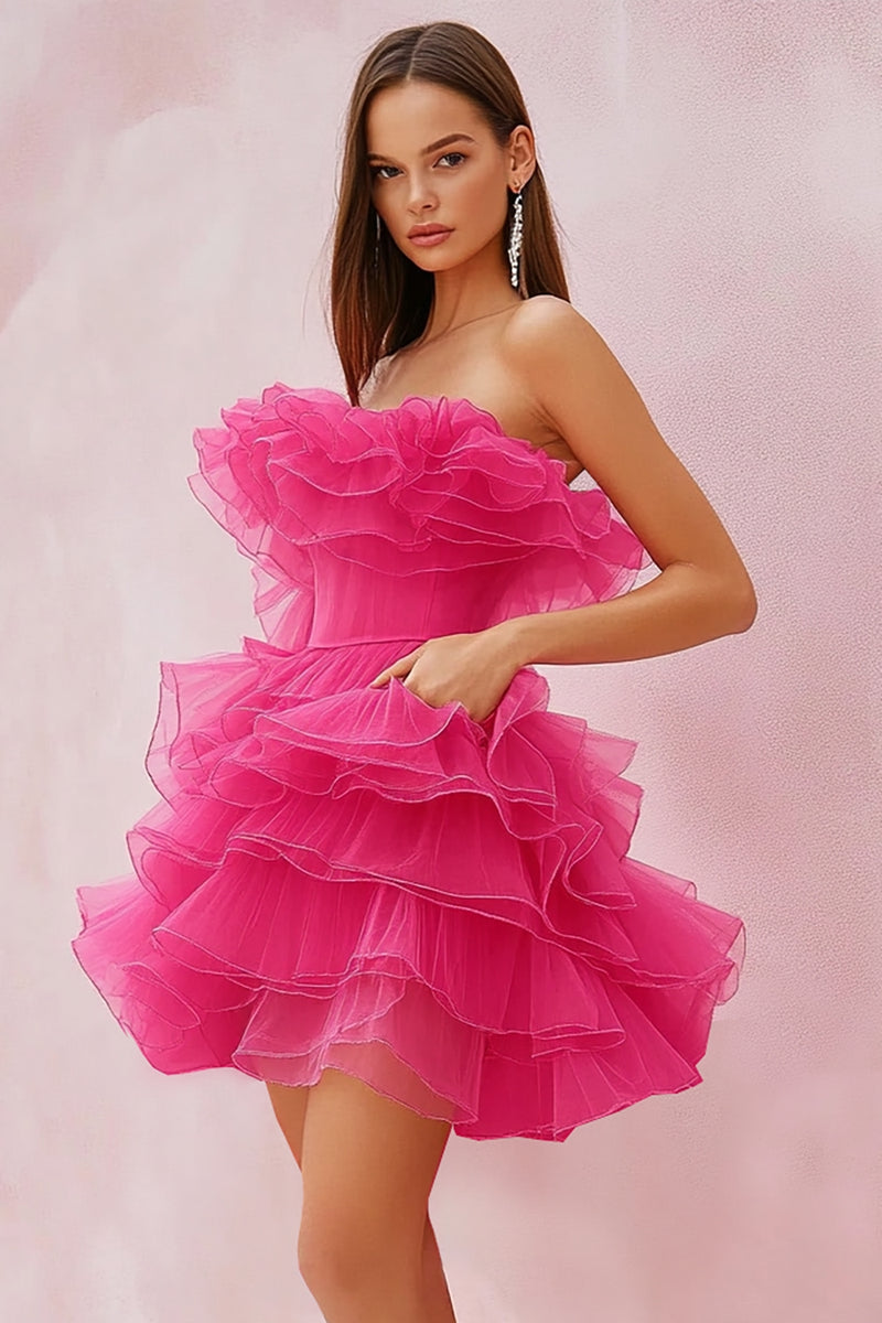Load image into Gallery viewer, Fuchsia Short Strapless Tulle Tiered Homecoming Dress with Ruffles