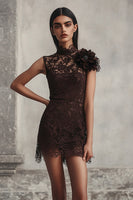 Load image into Gallery viewer, Coffee Lace Short High Neck Tight Homecoming Dress with 3D Flower