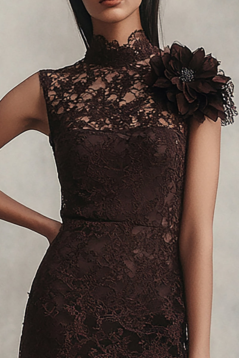 Load image into Gallery viewer, Coffee Lace Short High Neck Tight Homecoming Dress with 3D Flower