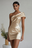 Load image into Gallery viewer, Champagne One Shoulder Satin Tight Short Homecoming Dress