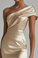 Load image into Gallery viewer, Champagne One Shoulder Satin Tight Short Homecoming Dress