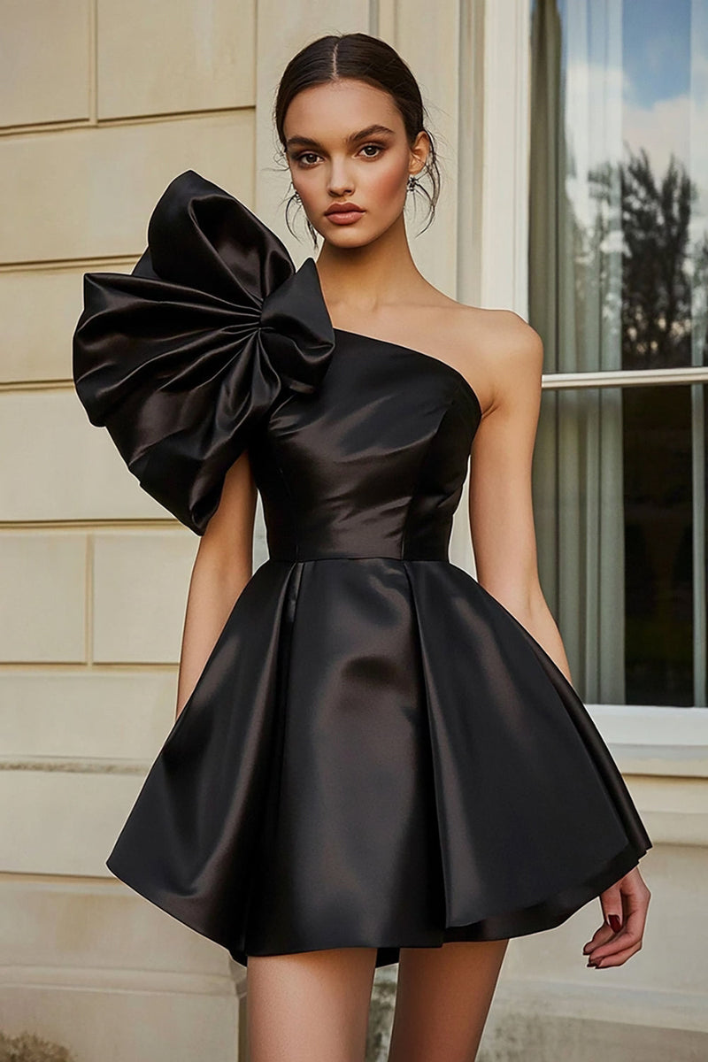 Load image into Gallery viewer, Black A Line Short Satin Homecoming Dress with Ruffles