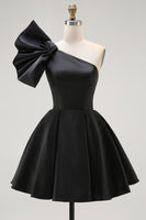 Load image into Gallery viewer, Black A Line Short Satin Homecoming Dress with Ruffles