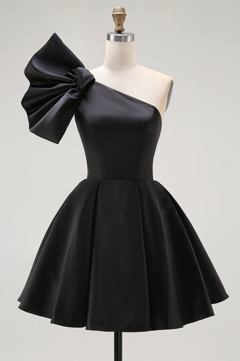 Load image into Gallery viewer, Black Satin A Line Short Homecoming Dress with Ruffles